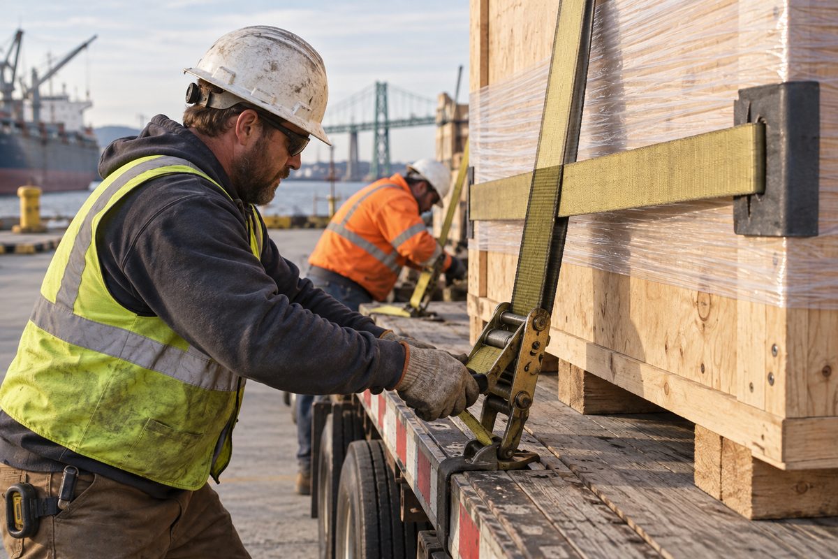 Crew tightening straps around a heavy industrial load