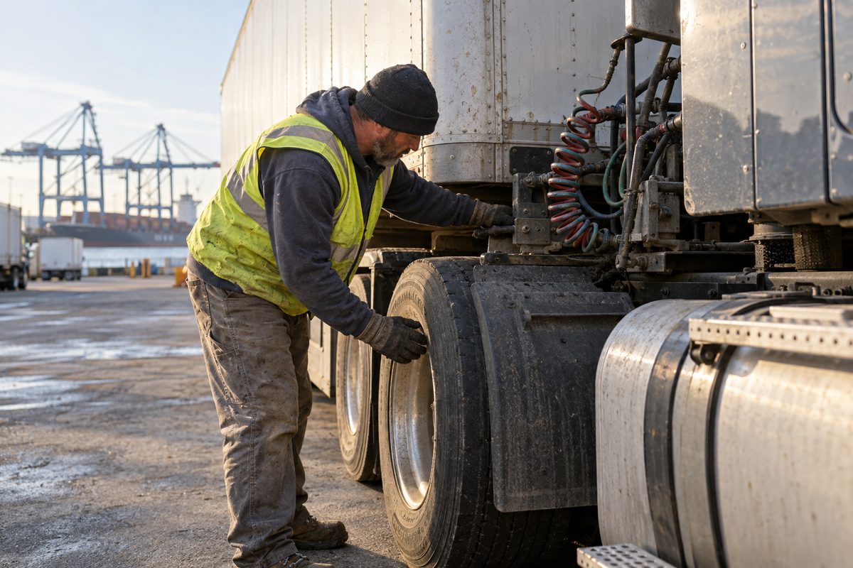 Freight load being checked beside a trailer at a working depot
