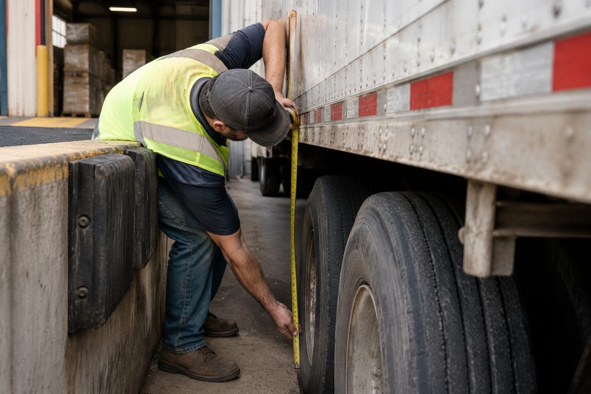 Coordinator checking freight paperwork beside a trailer