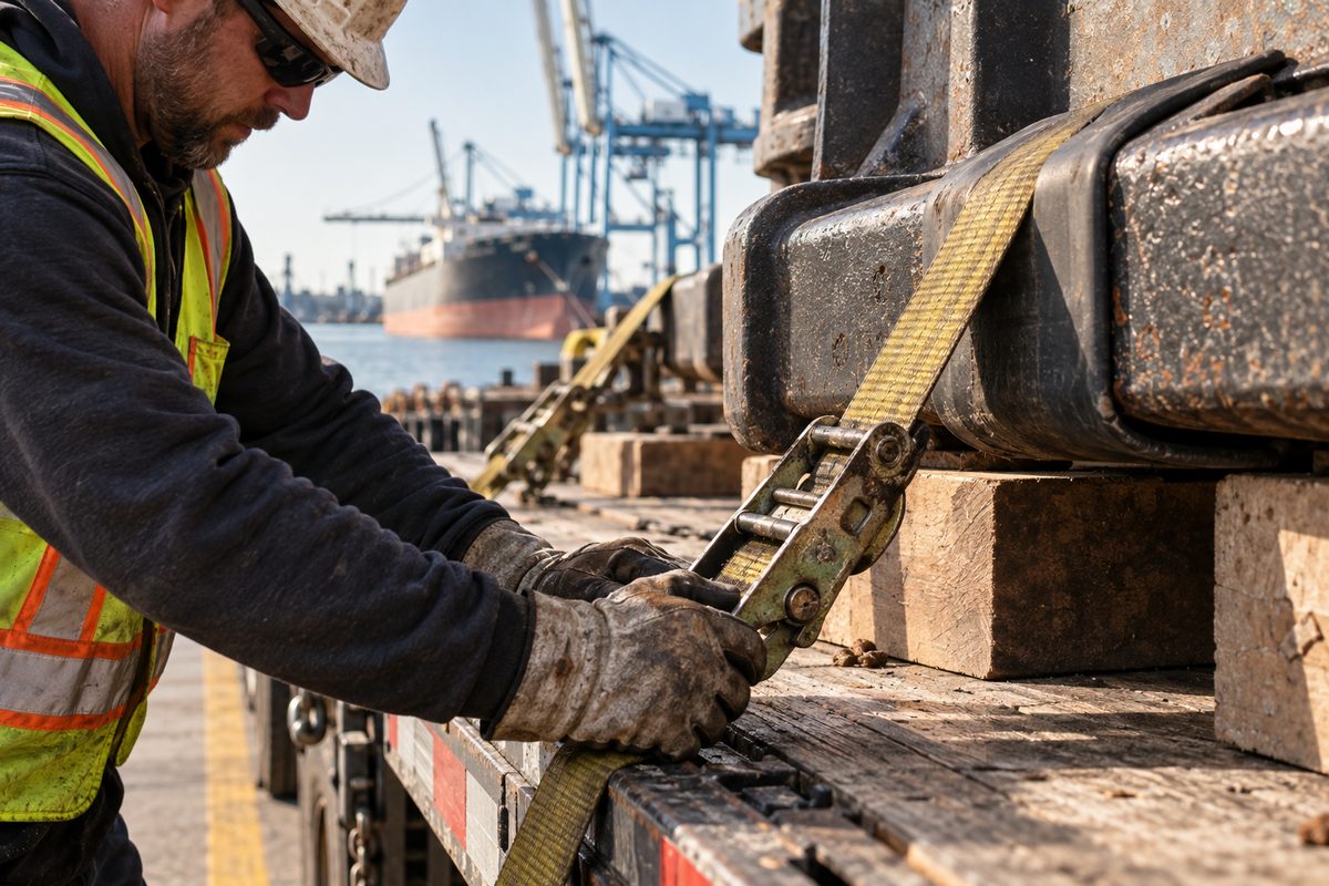 Gloved hands inspecting a ratchet strap and edge protection