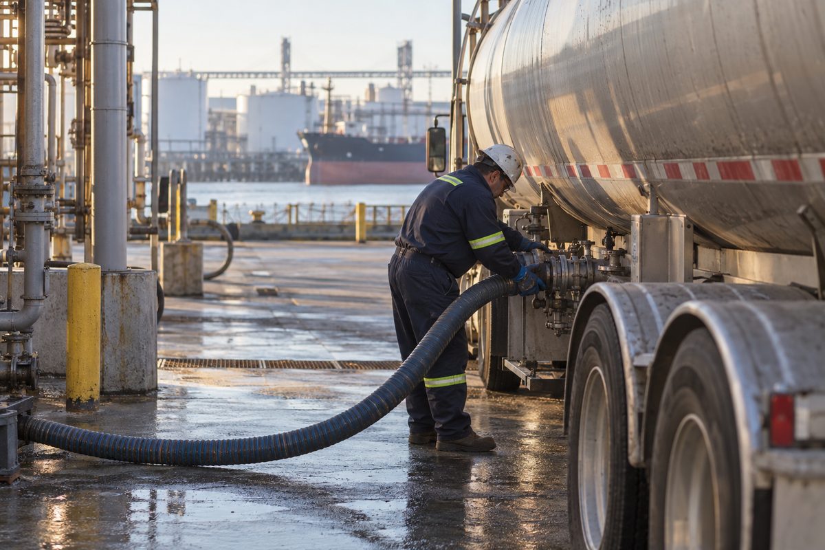 Worker checking a hose connection while a tanker trailer is loaded