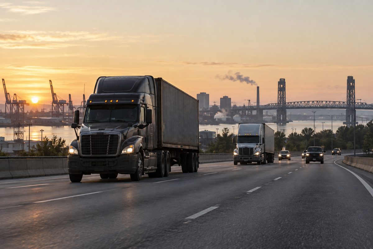 Loaded tractor-trailer moving along an interstate